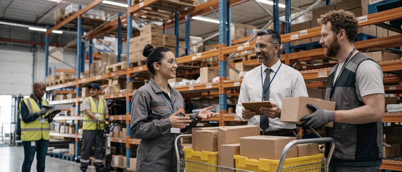 Warehouse team collaborating with a clear, organized process