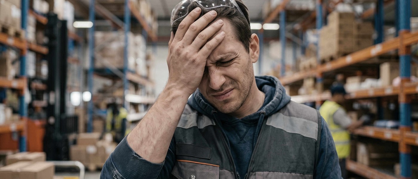 Frustrated warehouse worker dealing with a fulfillment error