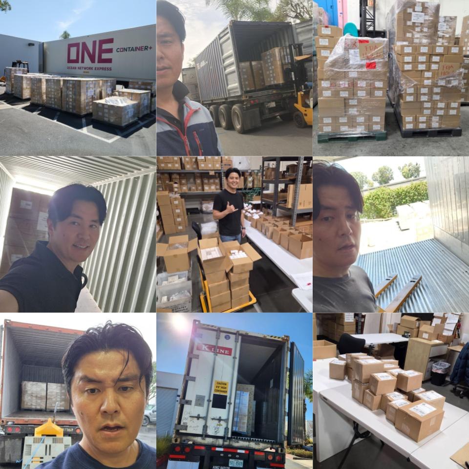 Collage of Hiroo Kato managing import, container loading, and warehouse operations